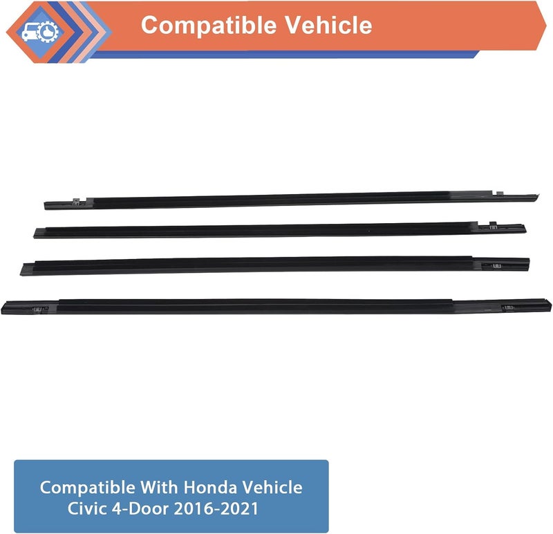 ZONFANT 4 Pcs Car Outer Door Window Moulding Trim Weatherstrip Seal Belt Compatible with Honda Vehicle Civic 4 Door Sedan 2016-2021, Replace#72450-TEA-T01 72410-TEA-T01 72950-TEA-T01 72910-TEA-T01 - Image 3